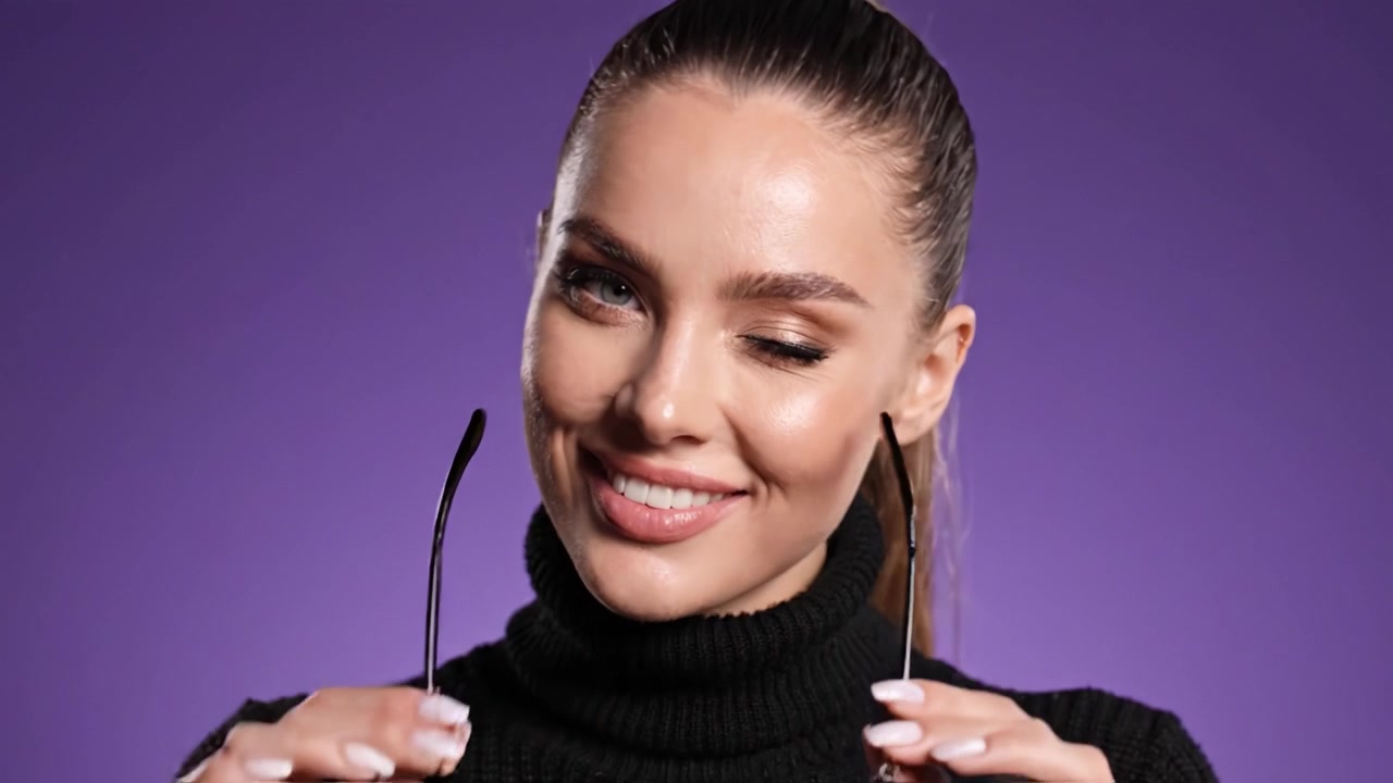 Donna sicura di sé con occhiali da sole alla moda e un maglione elegante posa su uno sfondo viola, irradiando fascino e glamour in ogni fotogramma della sequenza video