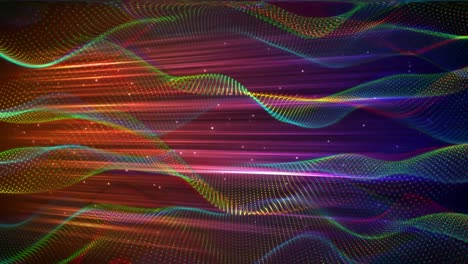 Animation-of-colourful-light-beams-over-3d-mesh-spirals-floating-on-black-background