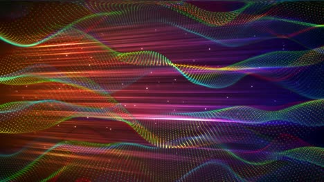 animation of colourful light beams over 3d mesh spirals floating on black background
