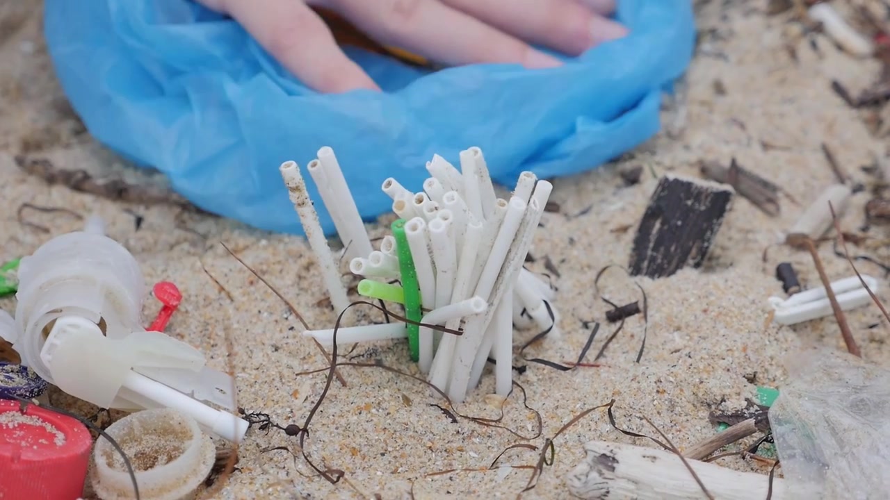 Equipo de voluntarios limpia la playa. Primer plano de bolsa de plástico llena de pajitas