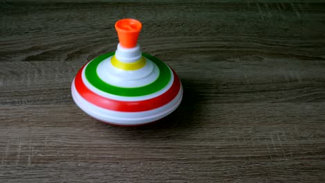 multicolored plastic spinning top or whirligig top is traditional toy for preschool child.