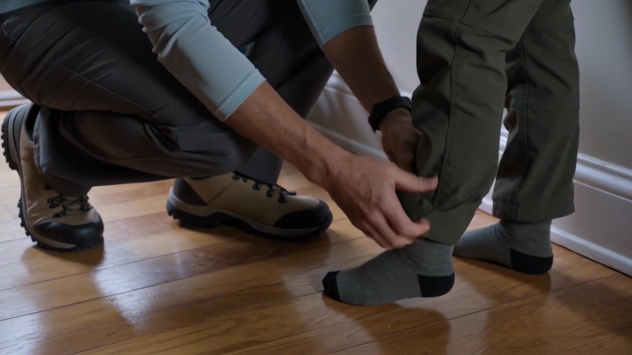 Entering parent carrying jacket and laundry basket, kneeling in entryway securing child's sock