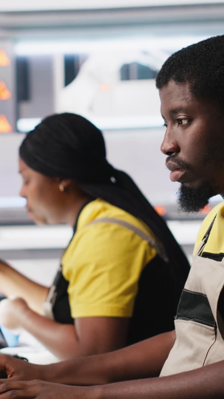 Vertical Video Black employee manages solar panel configuration via desktop tools
