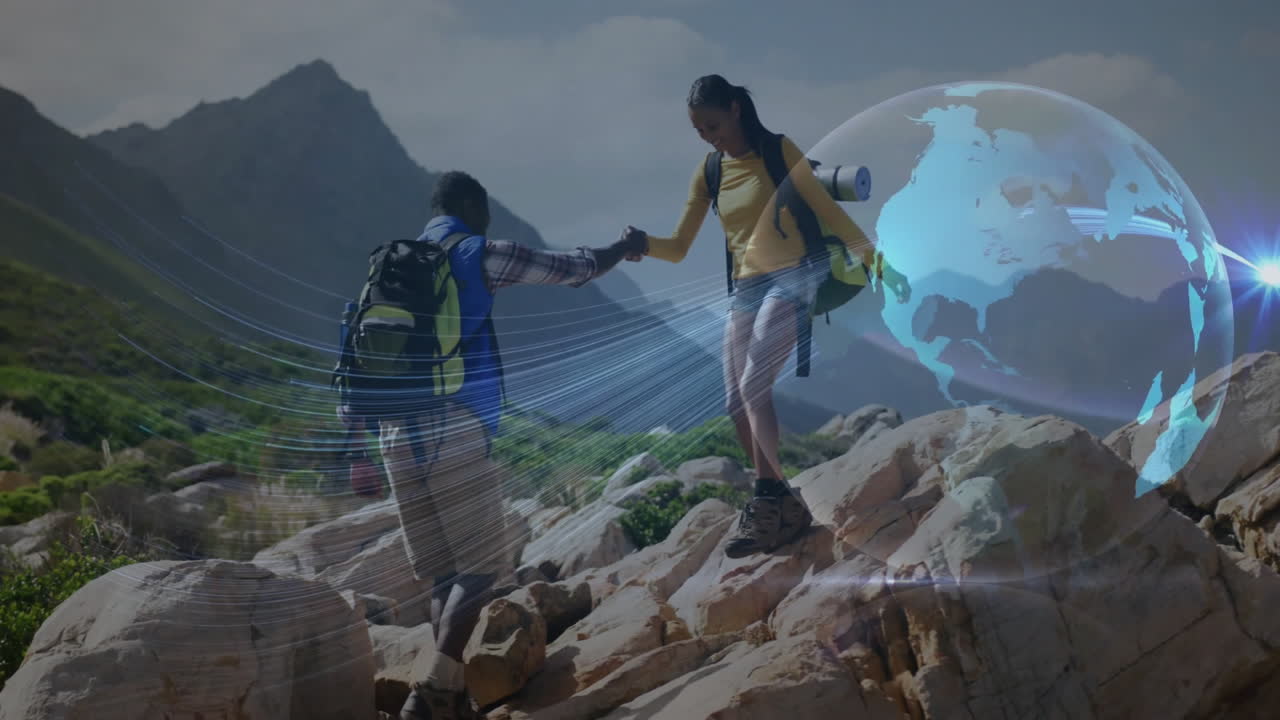 Hiking partners helping woman climb rocky trail, integrating technology globe and network lines