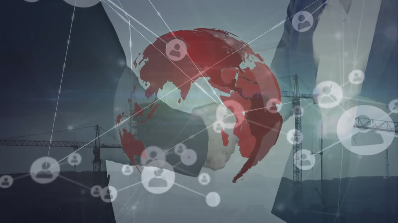 연결된 아이콘의 애니메이션, 건설 작업, 기업가들의 손을 흔드는 다양한 중간 섹션