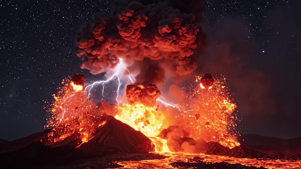Spektakulært utbrudd fra et vulkanfjell opplyst av en stjerneklar nattehimmel, som viser lavastrøm, askenskyer og intense naturfenomener.