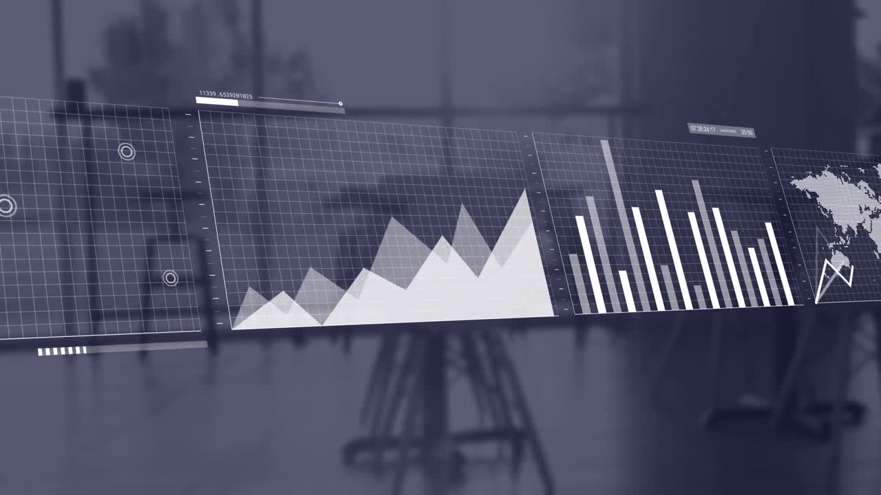 animación de múltiples pantallas de hud con informes y mapa sobre sillas vacías en la oficina