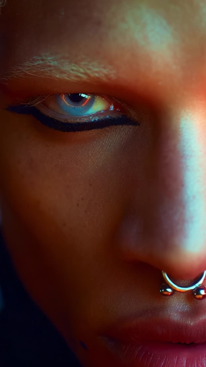 Close-Up Portrait of an Individual with Unique Features, Piercings, and Striking Eye Color Transitioning from Normal to Vibrant in Two Distinct Frames