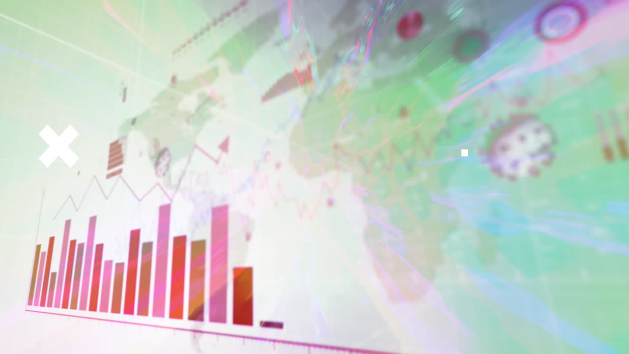 animación del código qr, mapa del mundo con marcadores y procesamiento de datos a través de senderos de luz