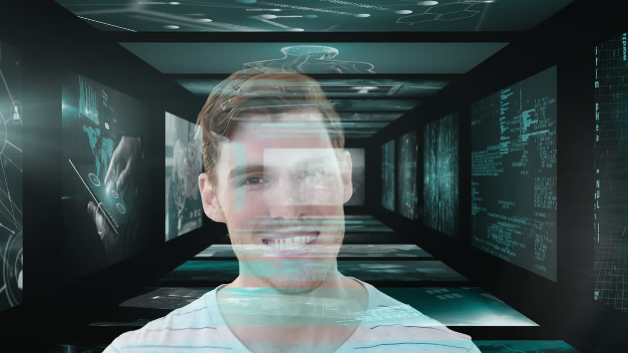 animación del procesamiento de datos sobre el empresario caucásico sonriente