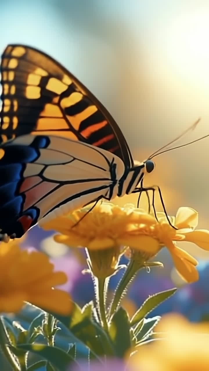 Butterfly resting on vibrant flowers. A colorful butterfly is perched on bright flowers, basking in the warm sunlight of a sunny afternoon.