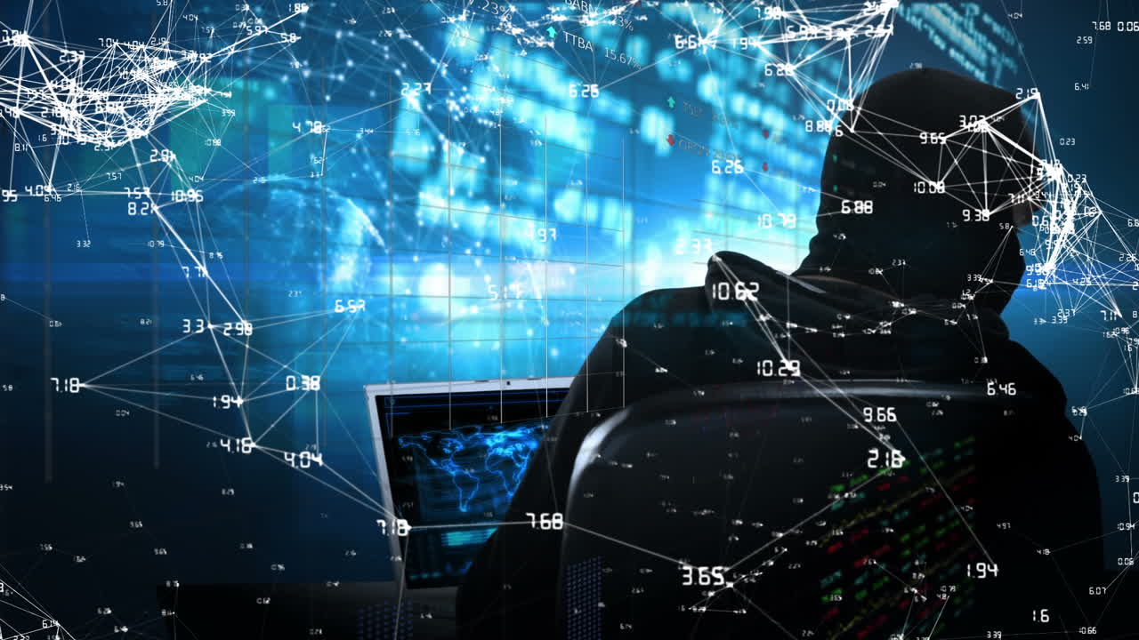 데이터 처리 및 연결의 애니메이션 - 백인 남성 해커