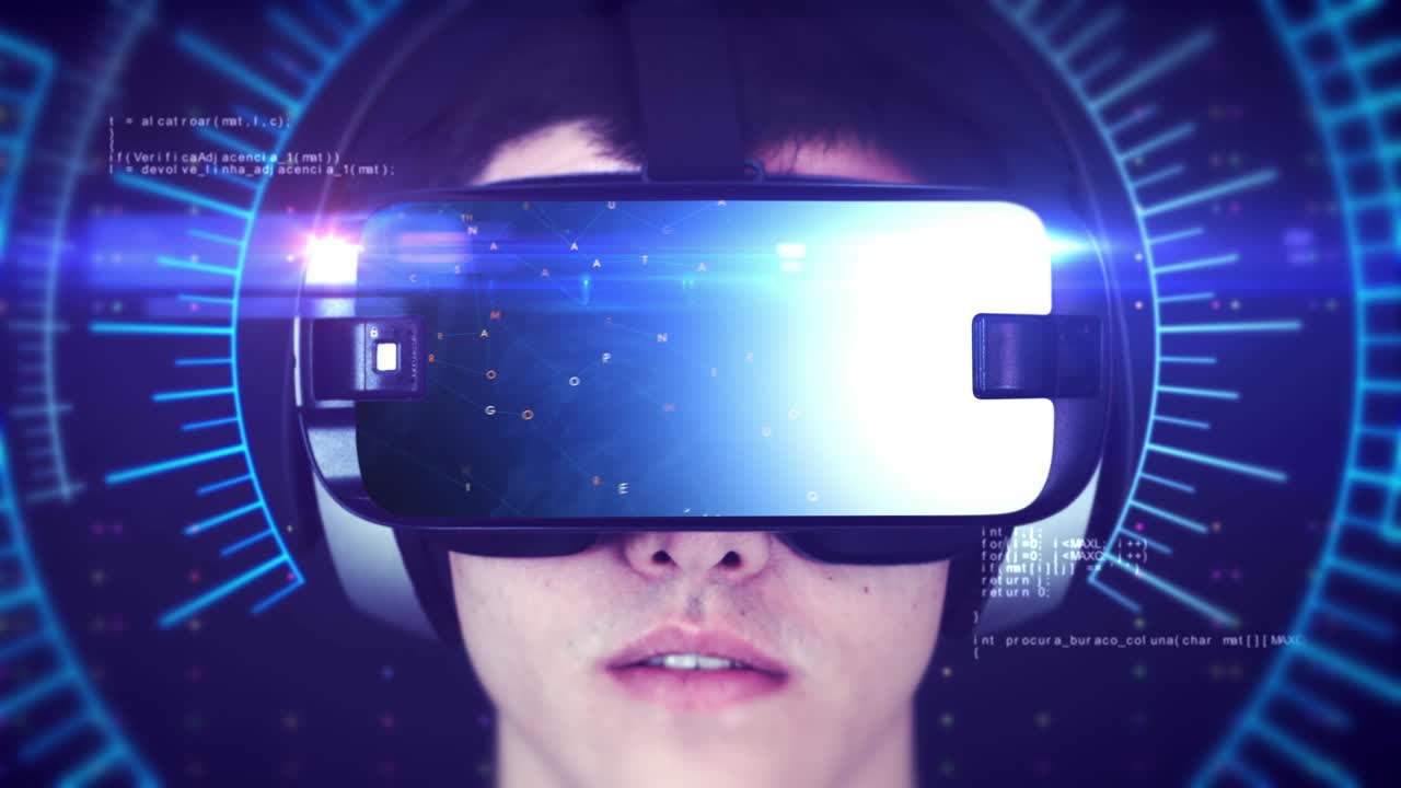 giovane uomo che indossa le cuffie vr e sperimenta la realtà virtuale 3d.