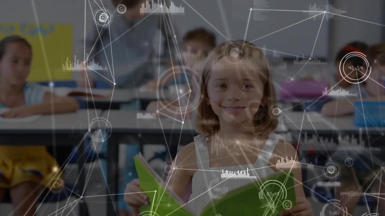 Elementary girl flipping book pages while network overlay fading in pulsing lines driving learning