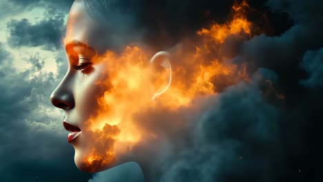 creative depiction of a woman's face merging with fiery clouds