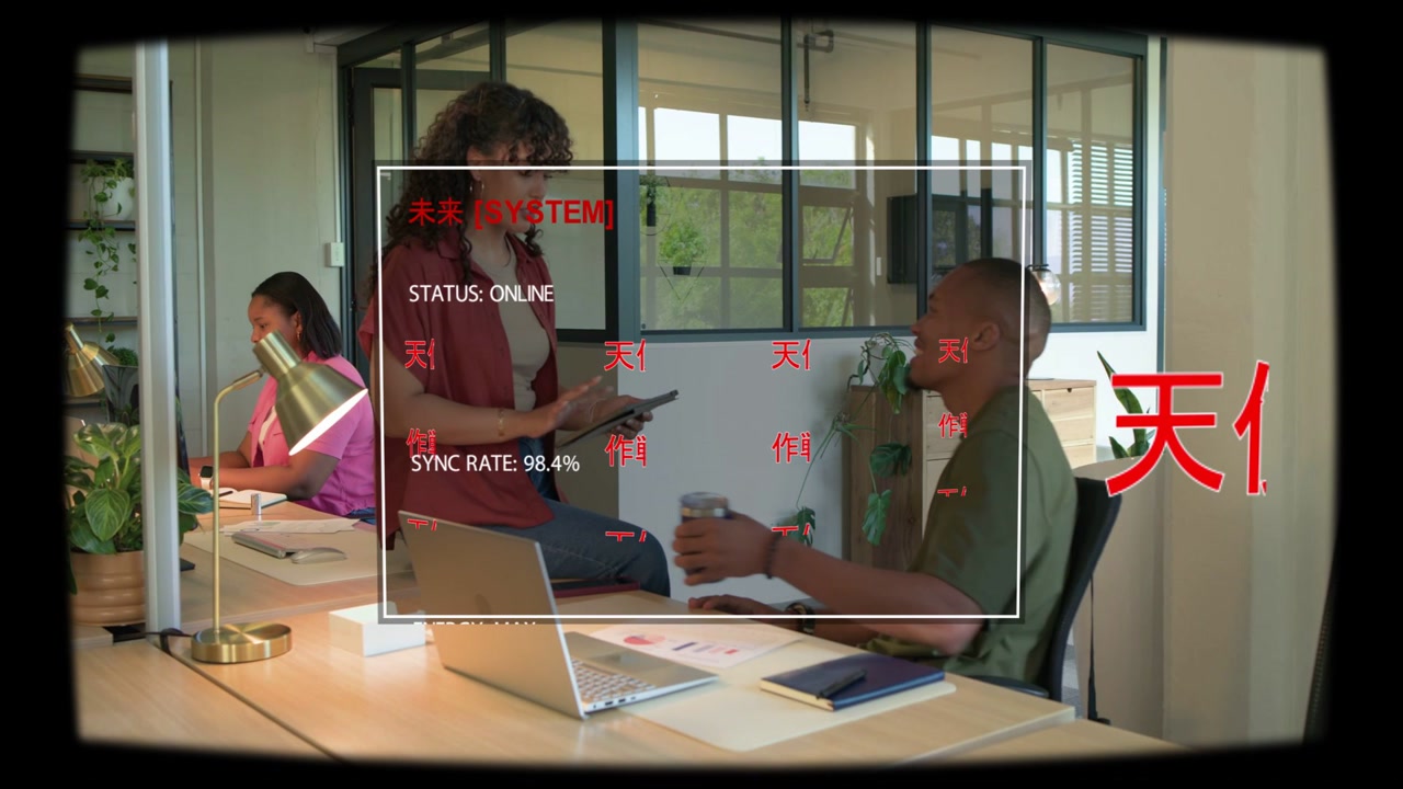 HUD overlay appearing as seated man typing and colleague entering, showing tablet and syncing data