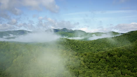 drone footage flying over the smoky mountains blanketed in mist