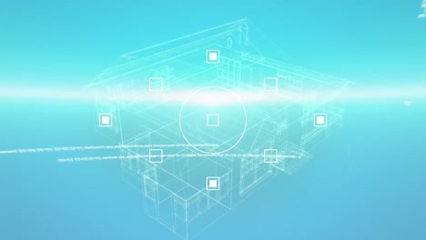 Animation-Der-Datenverarbeitung-Und-Lichter-über-Hausprojekt-Auf-Blauem-Hintergrund
