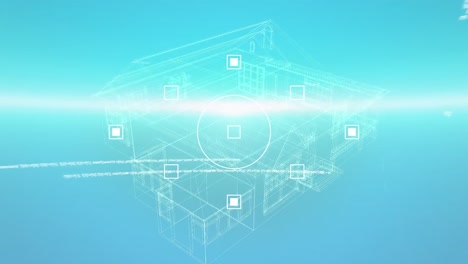 animation of data processing and lights over house project on blue background