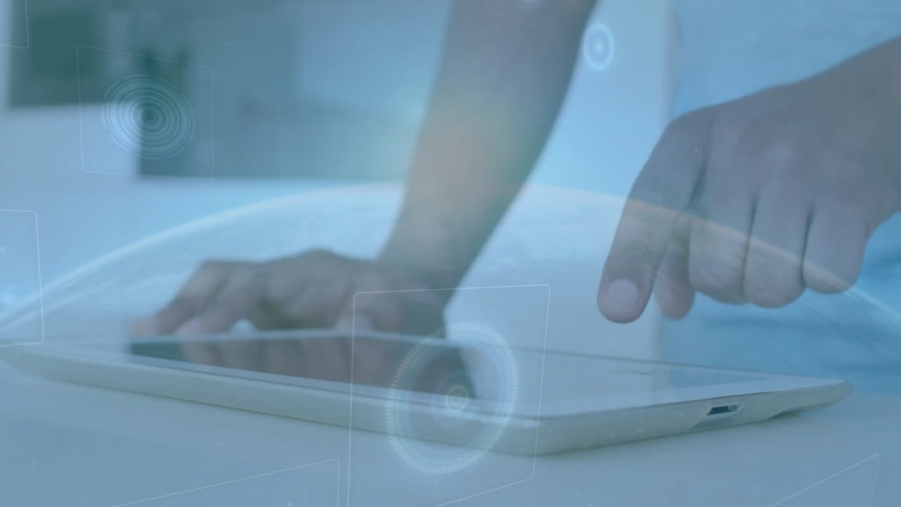 Using tablet, hands interacting with digital interface overlay on screen