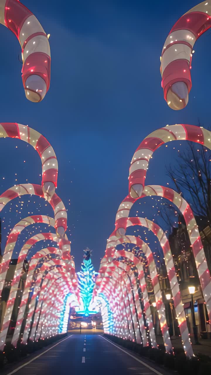 Vertical video: Starting camera advancing along urban road, showing candy-cane arches and blue tree