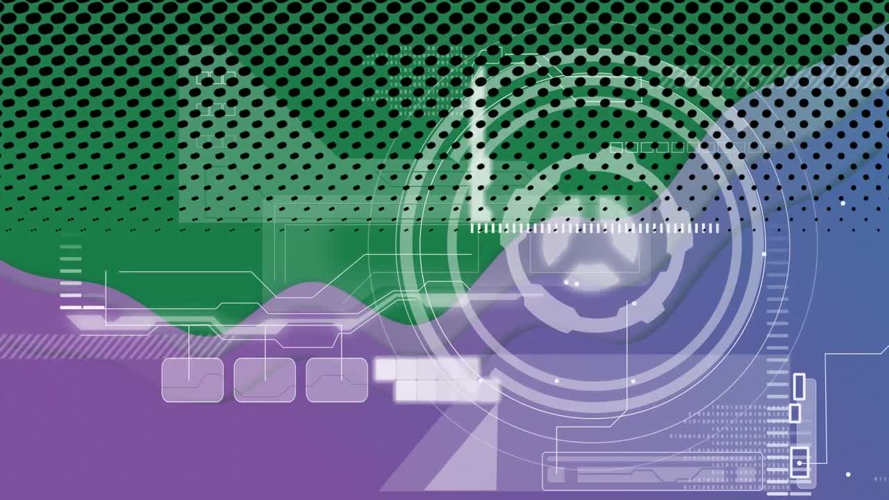 animación del círculo de procesamiento y los datos en la pantalla digital violeta y verde