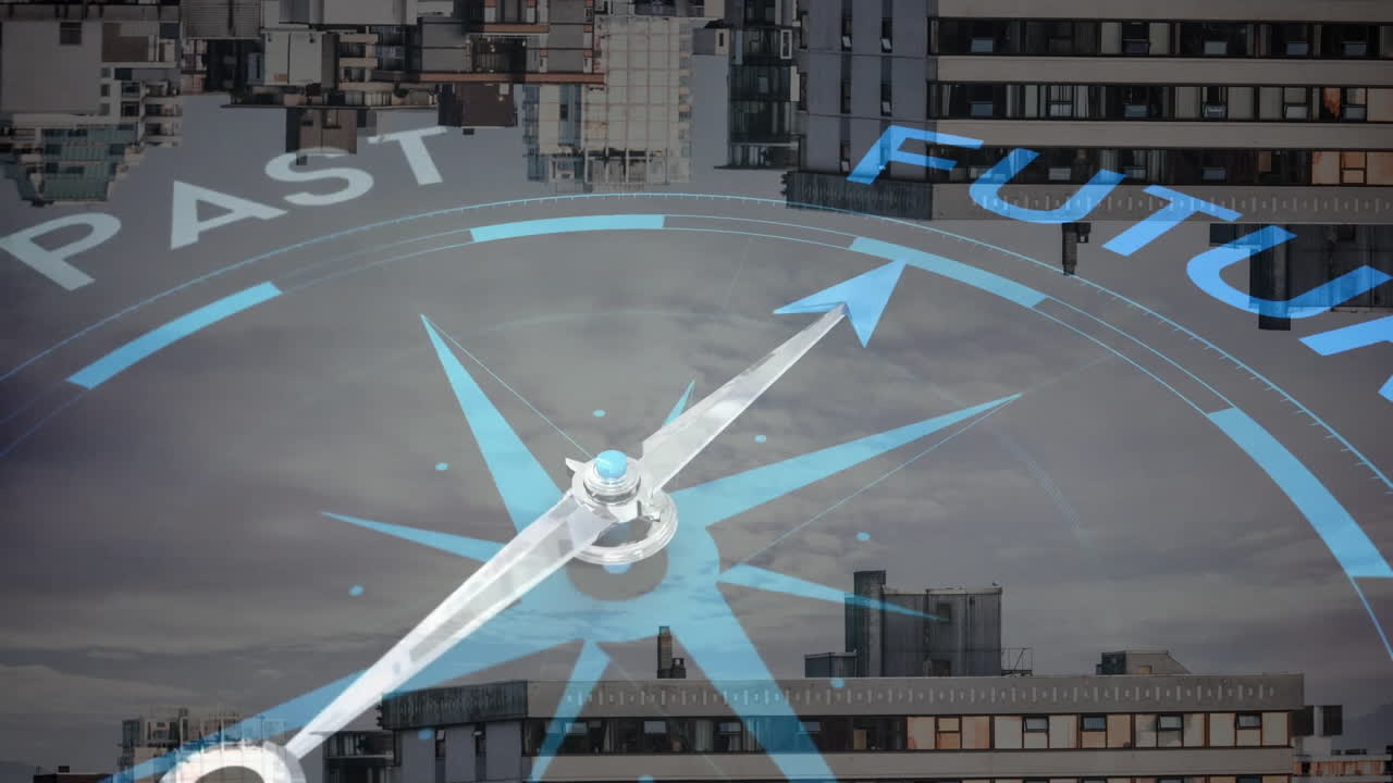 Compass pointing towards future with animation over cityscape in school setting