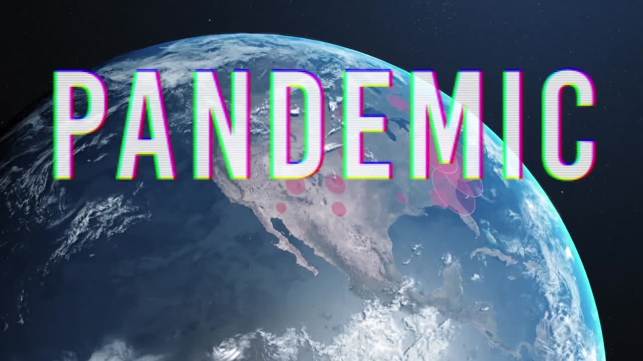 цифровое композитное видео текста о пандемии на фоне глобуса с красными кругами, вращающимися в фоне