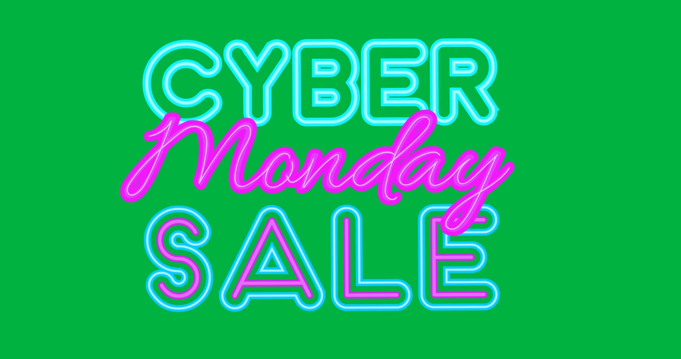 Digital animation of neon cyber monday sale against black background