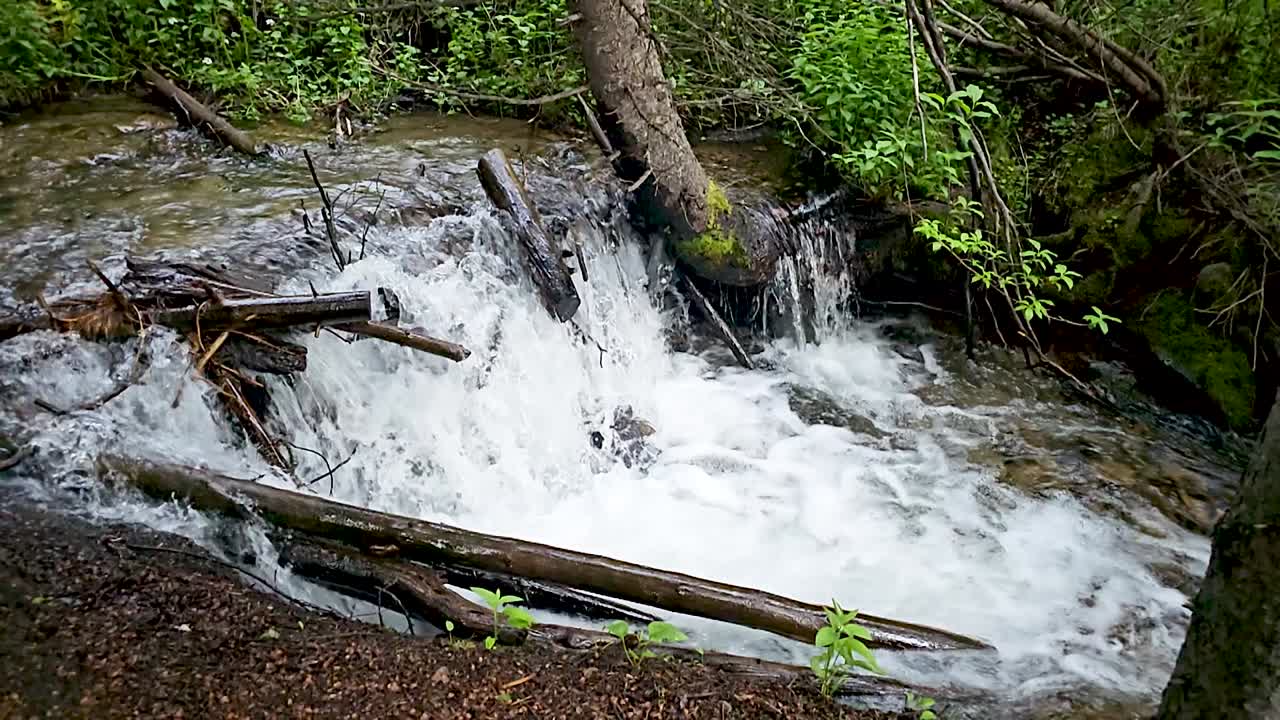 Slow motion footage of a creek in Breckenridge, Colorado. There is debris in the creek.