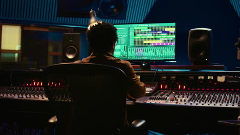 African-american-sound-producer-editing-tracks-on-audio-software-and-console