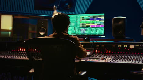 productor de sonido afroamericano editando pistas en software de audio y consola