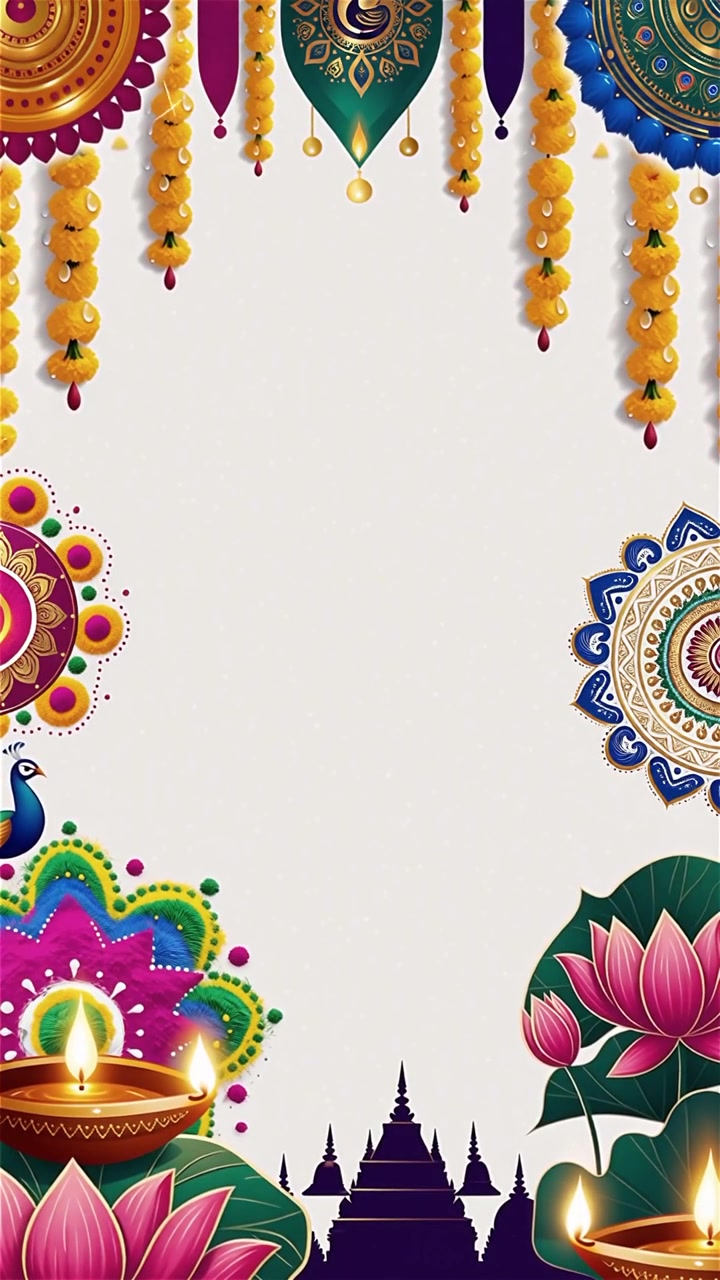 Sfondo Diwali con Diyas luminosi, Rangoli e fiori di loto