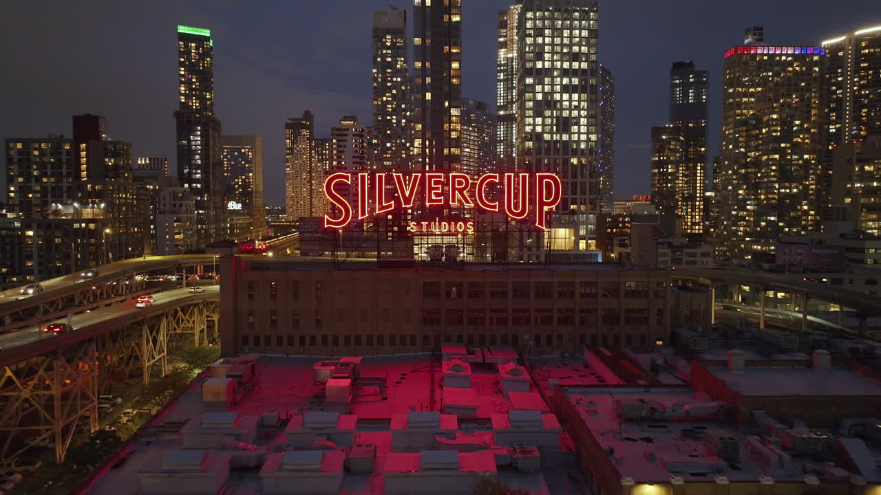 Silvercup Studios at Night - Aerial View of NYC Skyline