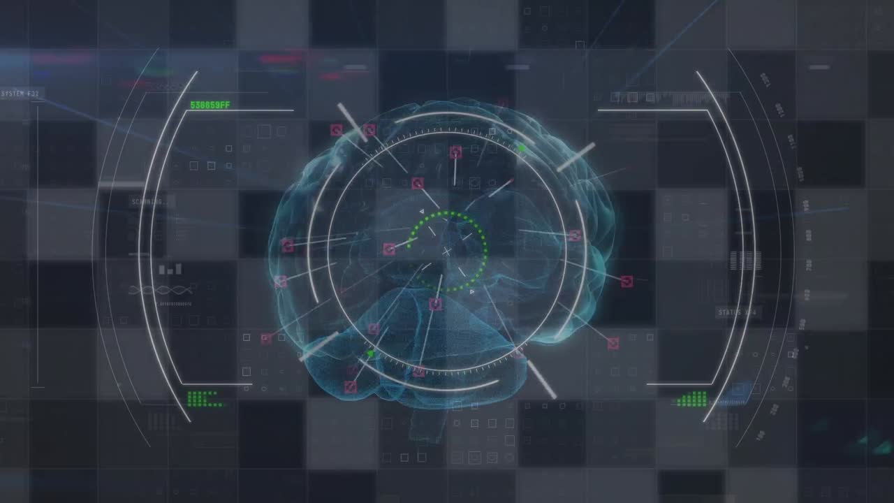 디지털 화면의 애니메이션, 글리치, 뷰파인더 및 뇌