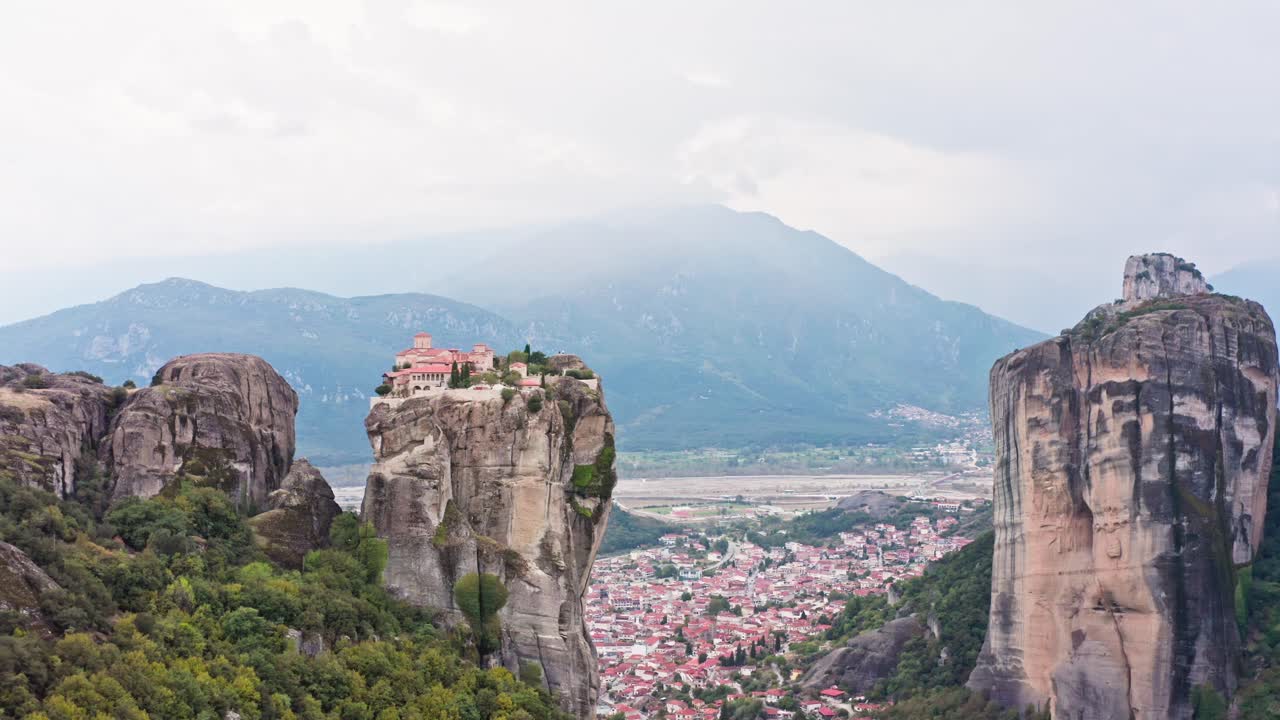 Meteora rock formations Holy Trinity monastery drone views