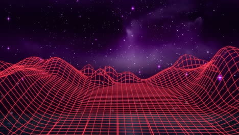 animation of digital mountains and sky over data processing on black background