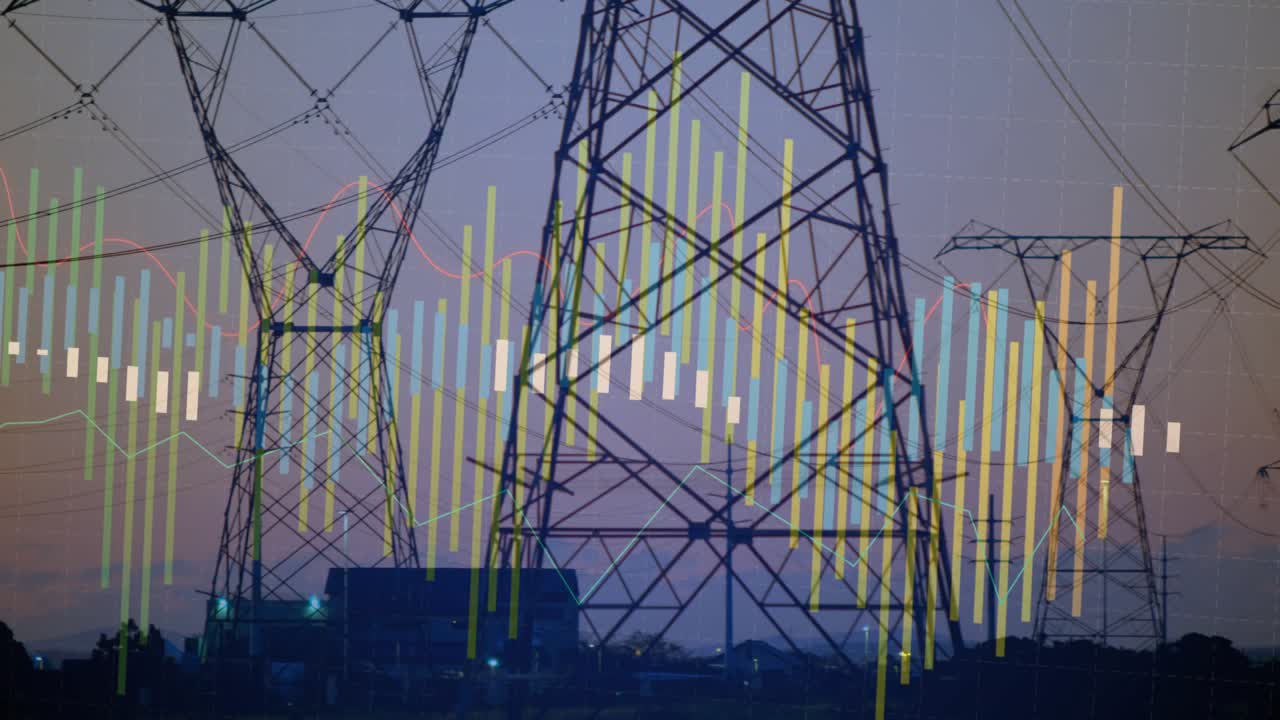 Bars entering left making pole shifting into lattice pylon while lines showing power across skyline