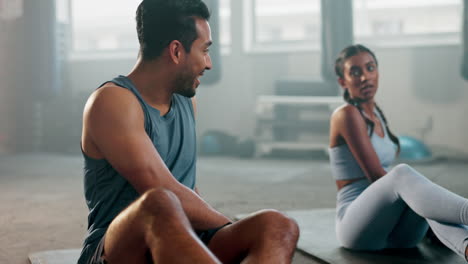 Dumbbell,-fitness-and-high-five-with-couple-in-gym