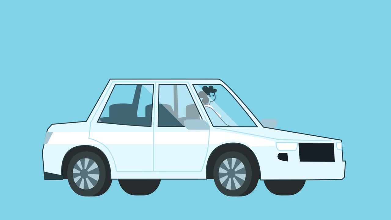 mujer viaja en coche blanco. coche de dibujos animados de diseño plano y personaje aislado bucle animación 2d