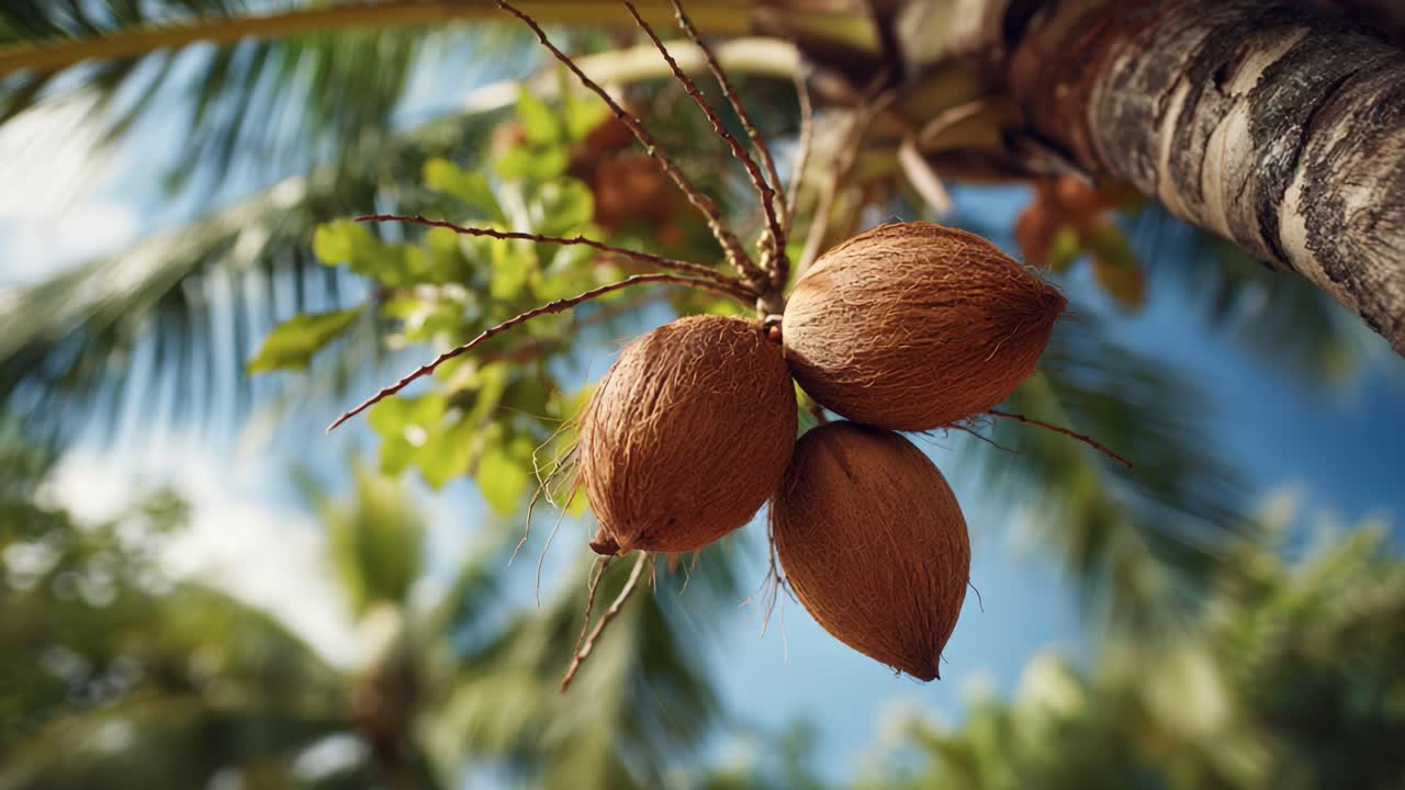 A Detailed View of Nature's Fruits: A Cluster of Brown Coconut Fruits Hanging Gracefully Beneath Lush Tropical Leaves and Clear Blue Skies