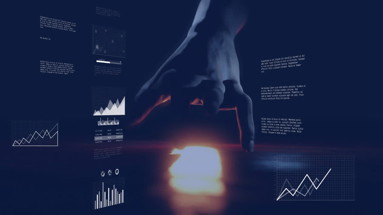 Med glødende datadiagrammer, hånd skaber animation i mørkt miljø.
