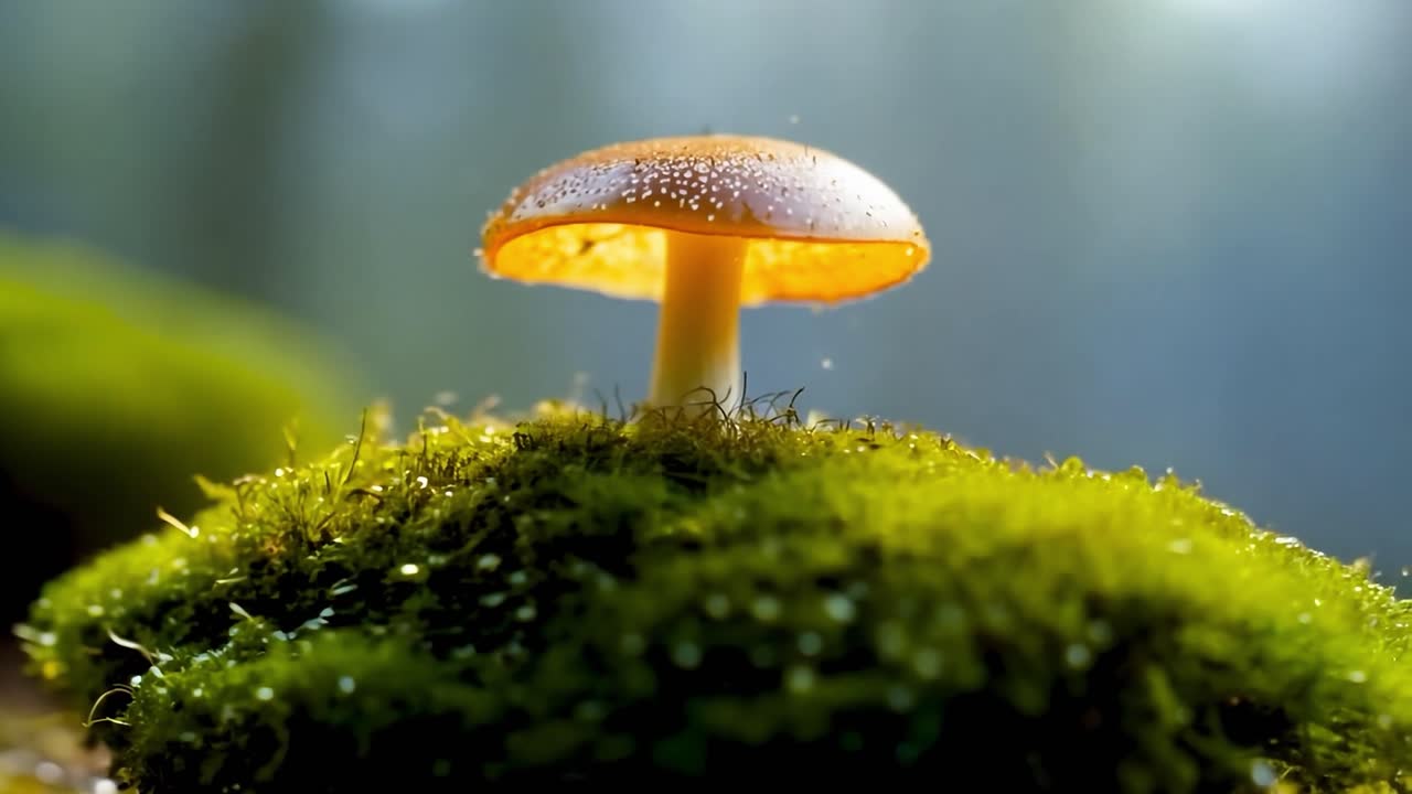 모스 위에 자라는 버섯은 검은 바탕에 펼쳐져 자연과 유기 생명체의 복잡한 세부 사항을 보여줍니다.