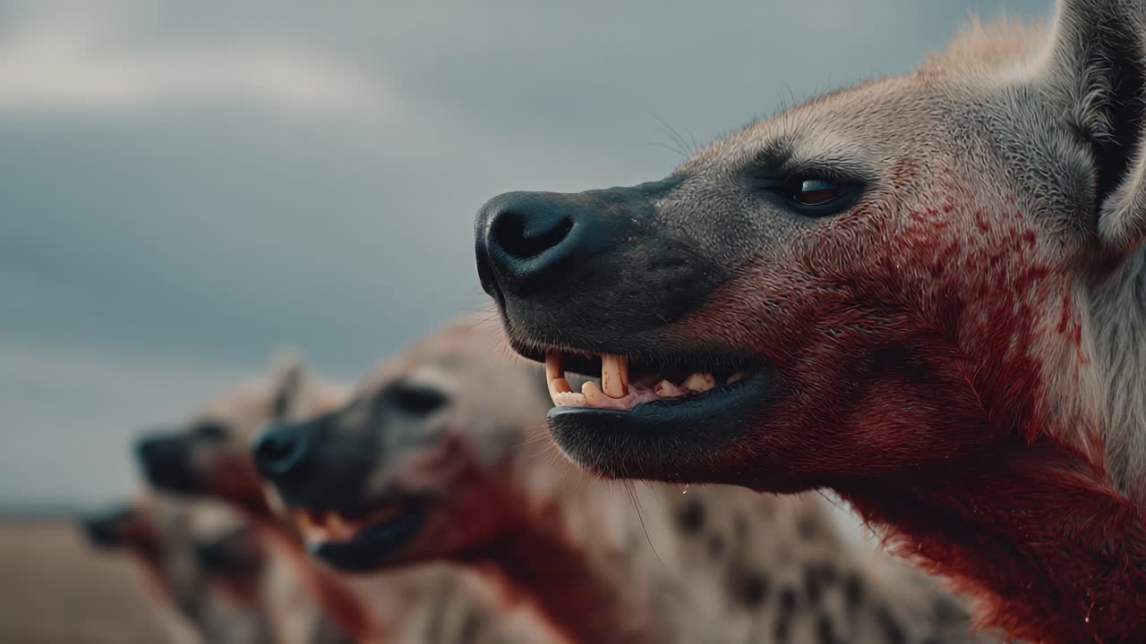 A Captivating Look at a Pack of Hyenas Displaying Their Distinct Characteristics and Behavior, Set Against a Dramatic Sky That Enhances Their Intense Expression and Unique Features