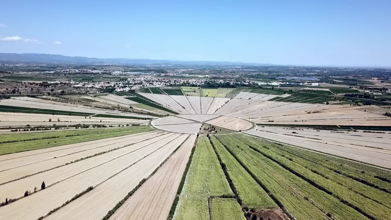 Aerial view of the circular fields of the drained lake of Montady, France, Europe