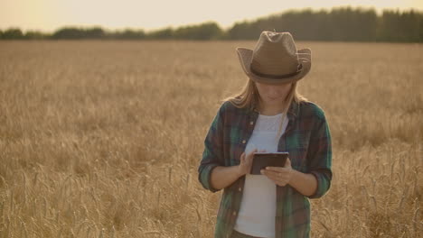 Eine-Bäuerin-In-Hemd-Und-Jeans-Geht-Mit-Einem-Tablet-Auf-Ein-Roggenfeld,-Berührt-Die-Ährchen-Und-Drückt-Bei-Sonnenuntergang-Ihren-Finger-Auf-Den-Bildschirm.-Dolly-Bewegung