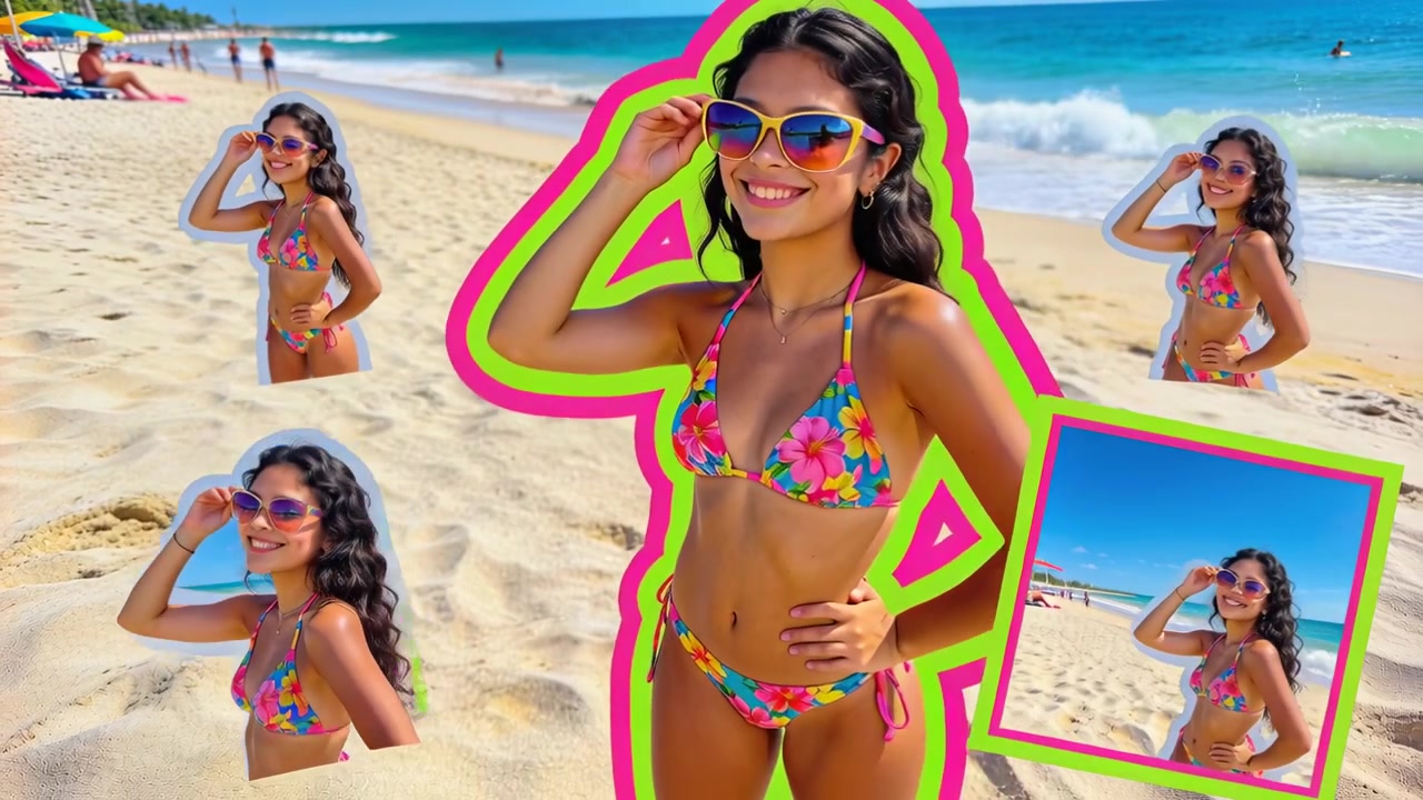 Mujer en bikini floral ajustando gafas de sol y girando en la playa mientras los encuadres cambian, collage de neón para promoción