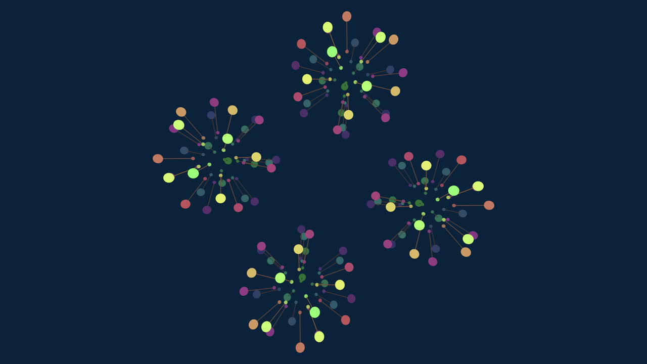 A circular arrangement of colorful floating dots on a dark background, this image conveys a mysterious and abstract aesthetic