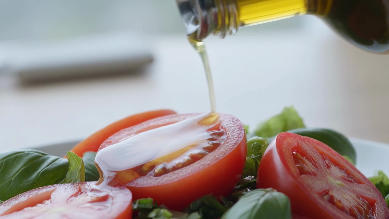 Una mano che inclina una bottiglia d'olio, versandolo su pomodori a fette in cucina con basilico.