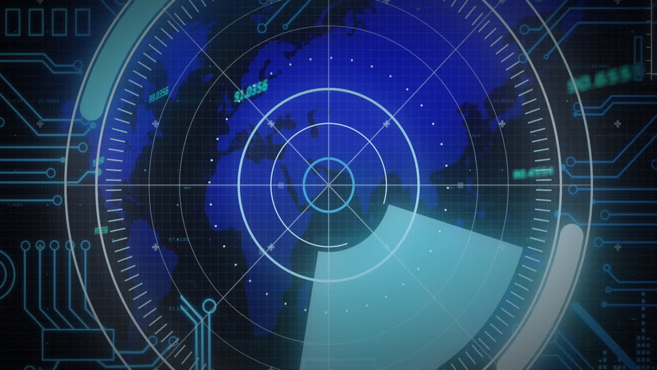 animación de escaneo de alcance sobre conexiones de microprocesador sobre el mapa del mundo en fondo azul.